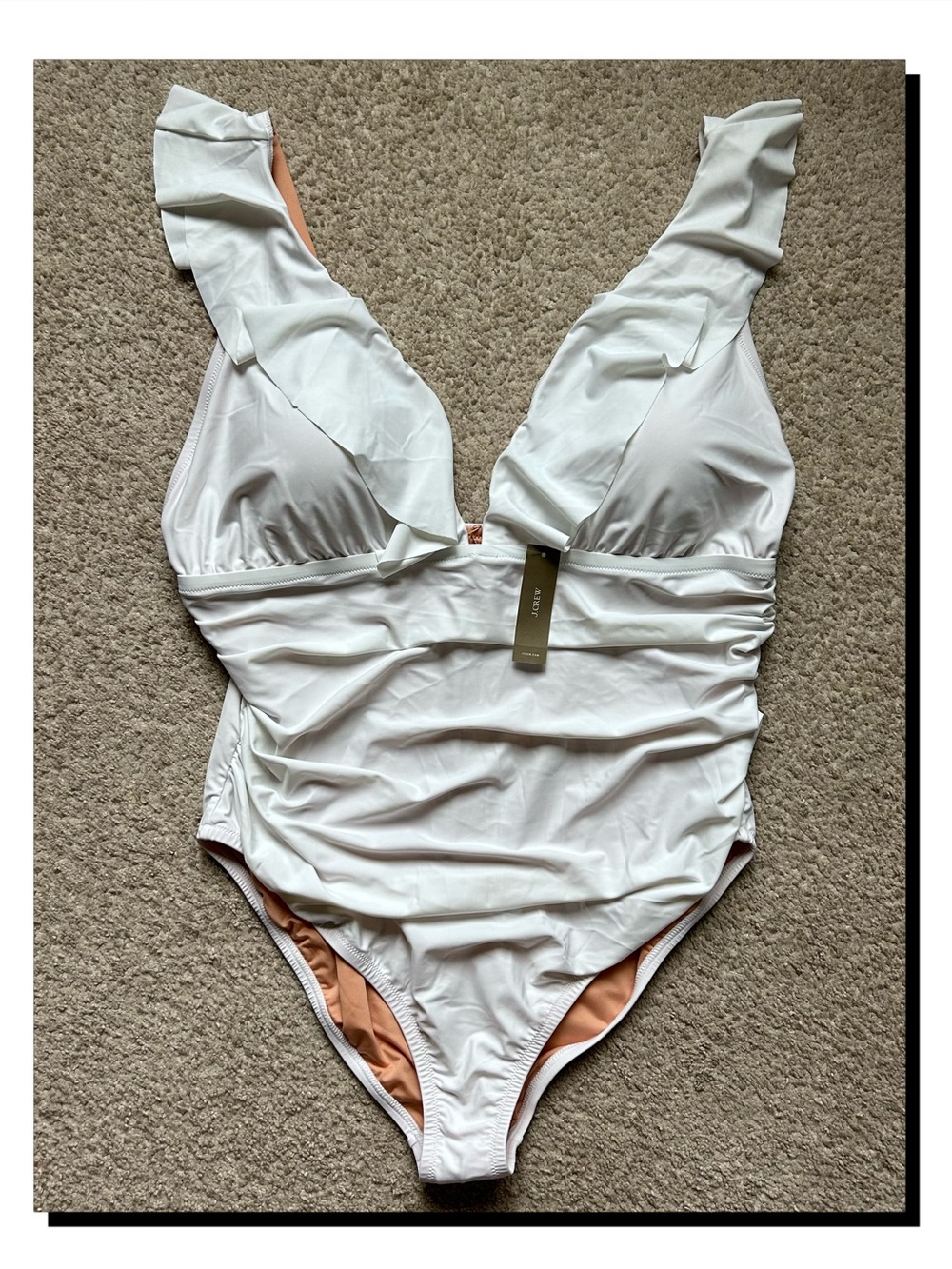 J Crew Ruched Ruffle Deep V-Neck One Piece Swimsuit White Sz 22 Y2K Minimalist